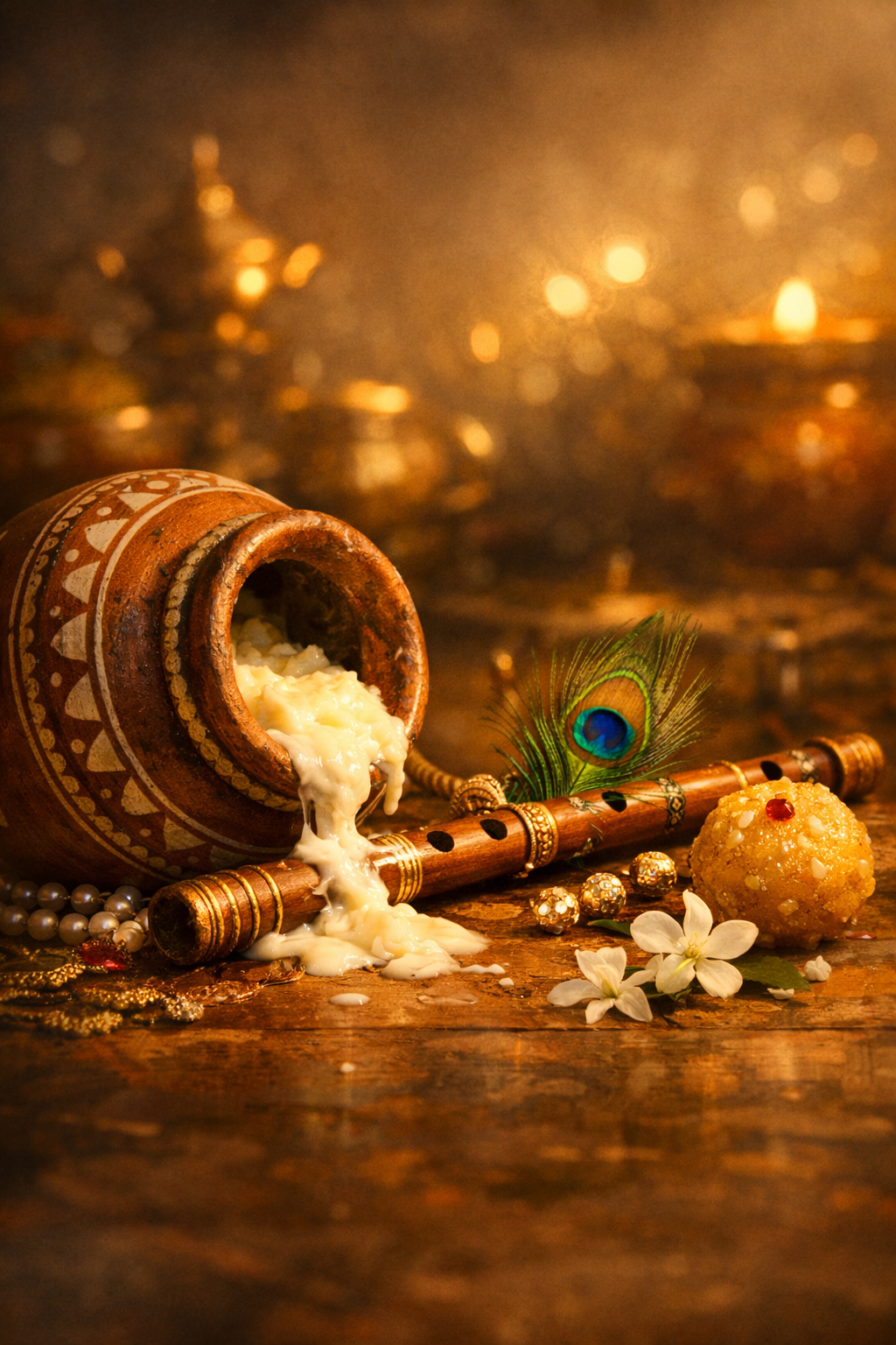 Cute baby Krishna crawling with butter smeared on face and hands in warm kitchen setting